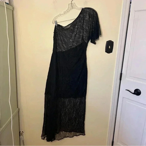 New ASOS Design One Shoulder Sheer Lace Asymmetrical Dress Black Size 12 - Picture 3 of 8